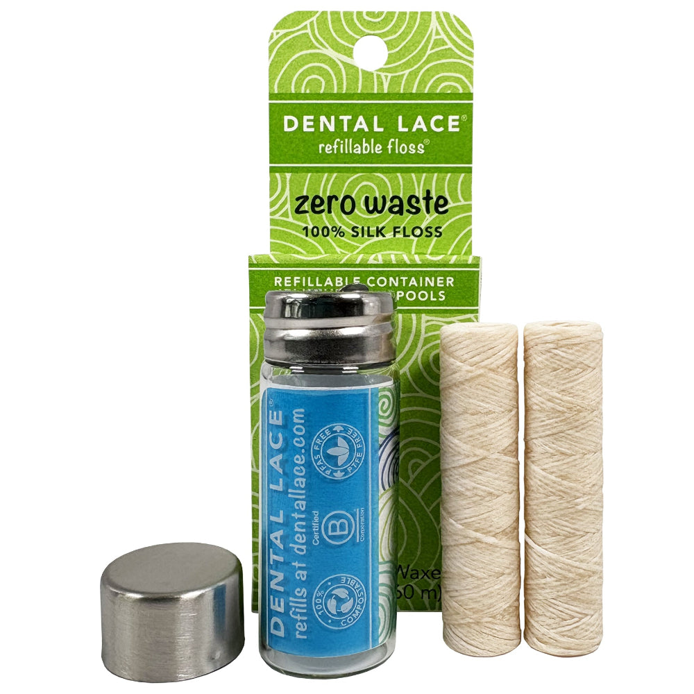 Best Seller! Silk Dental Floss in Refillable Glass Container | PFAS-Free, Compostable, Certified BioBased (2 Spools/4-Month Supply)