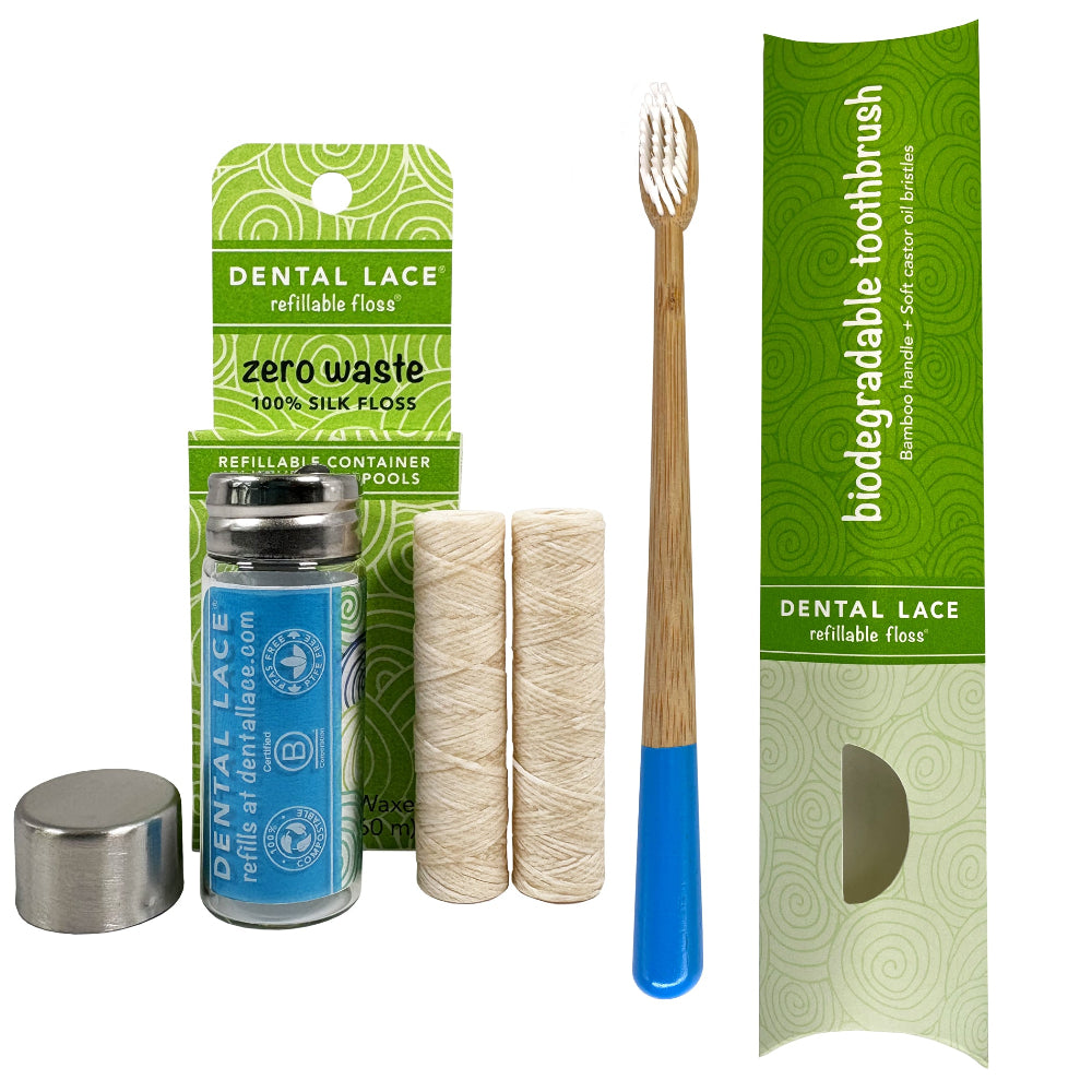 Silk Dental Floss in Refillable Glass Container | PFAS-Free, Compostable, Certified BioBased (2 Spools/4-Month Supply) & Bamboo Toothbrush Bundle