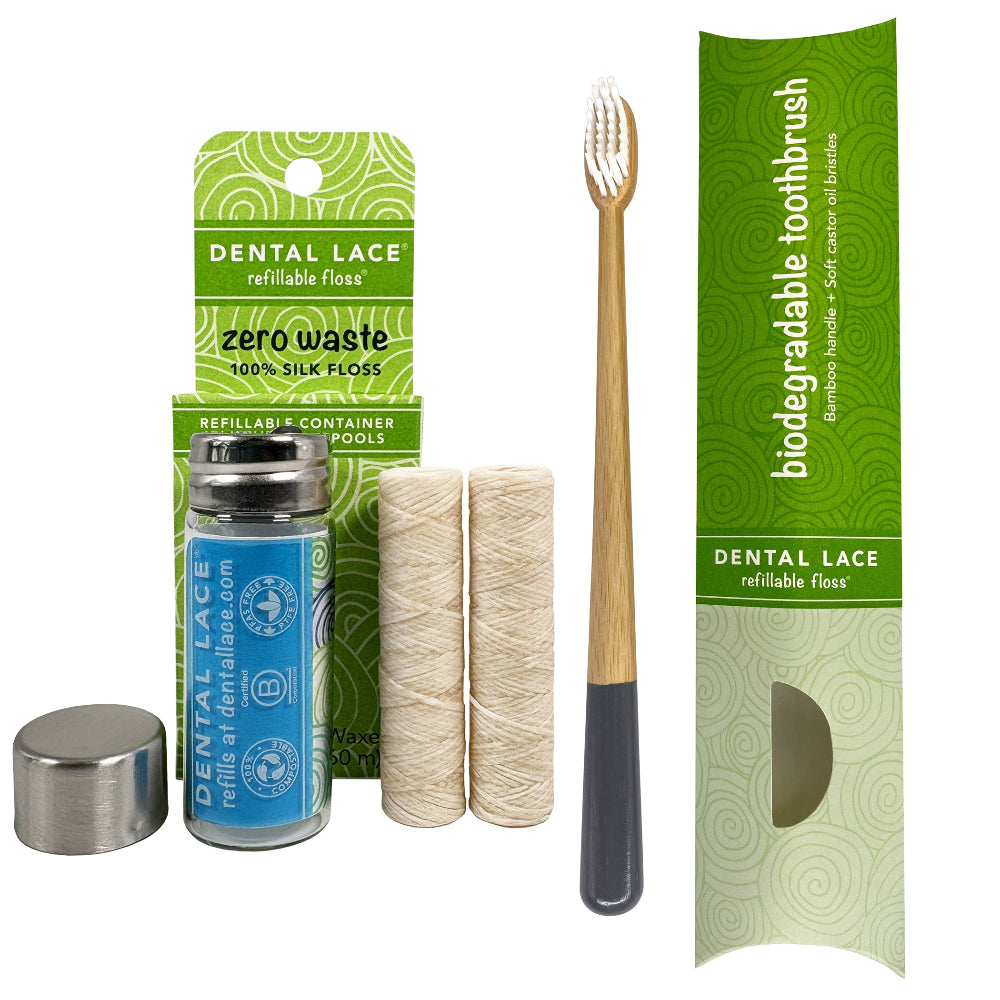 Silk Dental Floss in Refillable Glass Container | PFAS-Free, Compostable, Certified BioBased (2 Spools/4-Month Supply) & Bamboo Toothbrush Bundle
