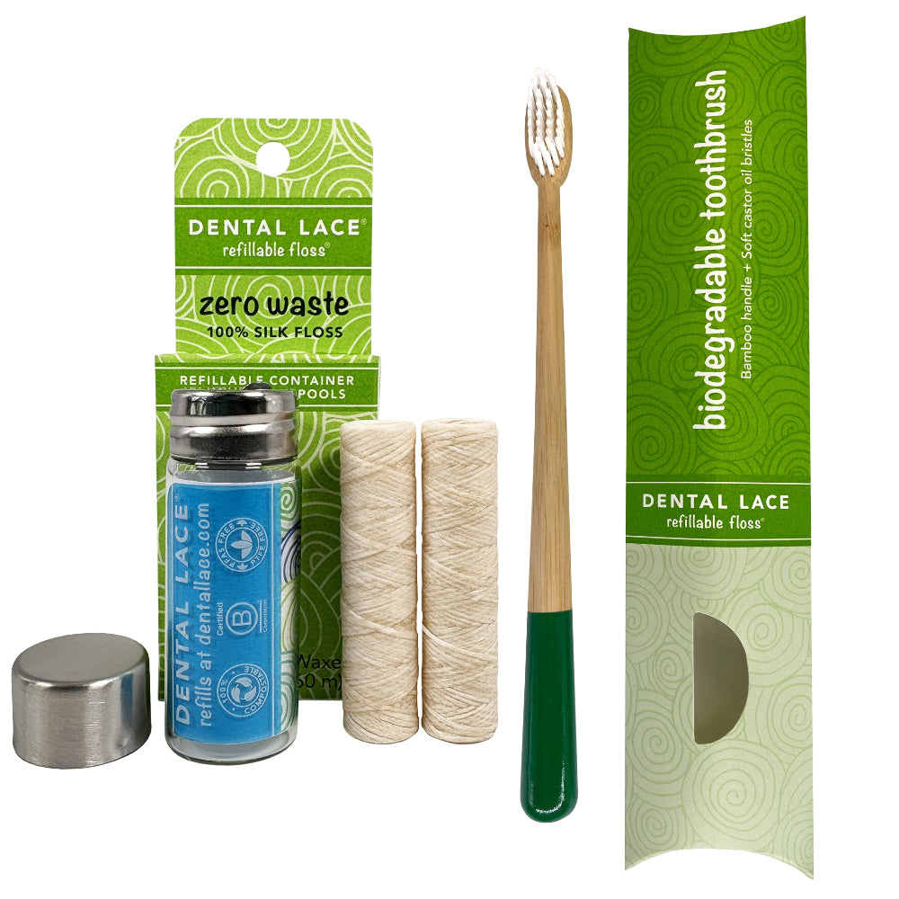 Silk Dental Floss in Refillable Glass Container | PFAS-Free, Compostable, Certified BioBased (2 Spools/4-Month Supply) & Bamboo Toothbrush Bundle