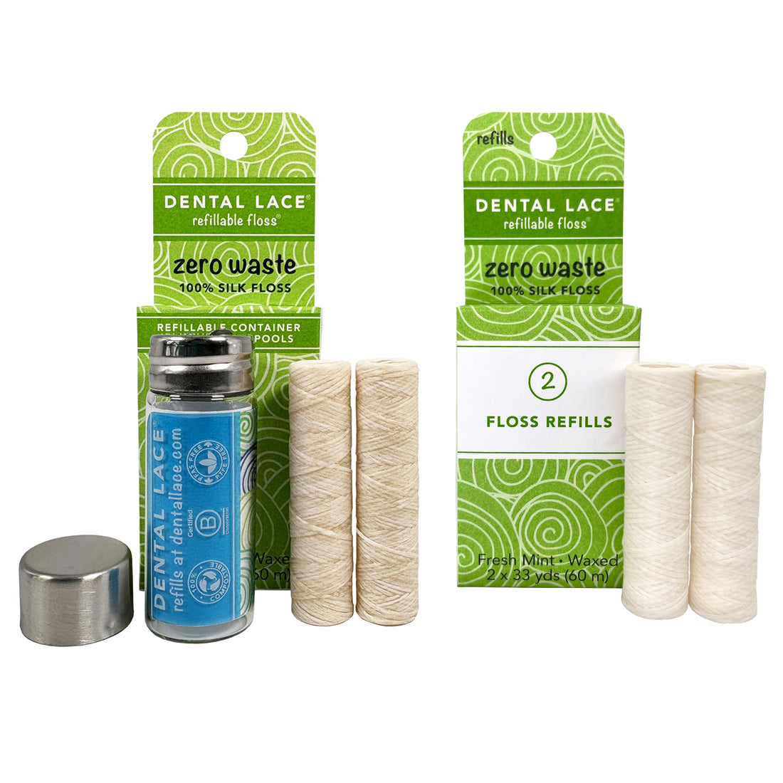 Silk Dental Floss in Refillable Glass Container & Refills | PFAS-Free, Compostable, Certified BioBased (4 Spools/8-Month Supply)