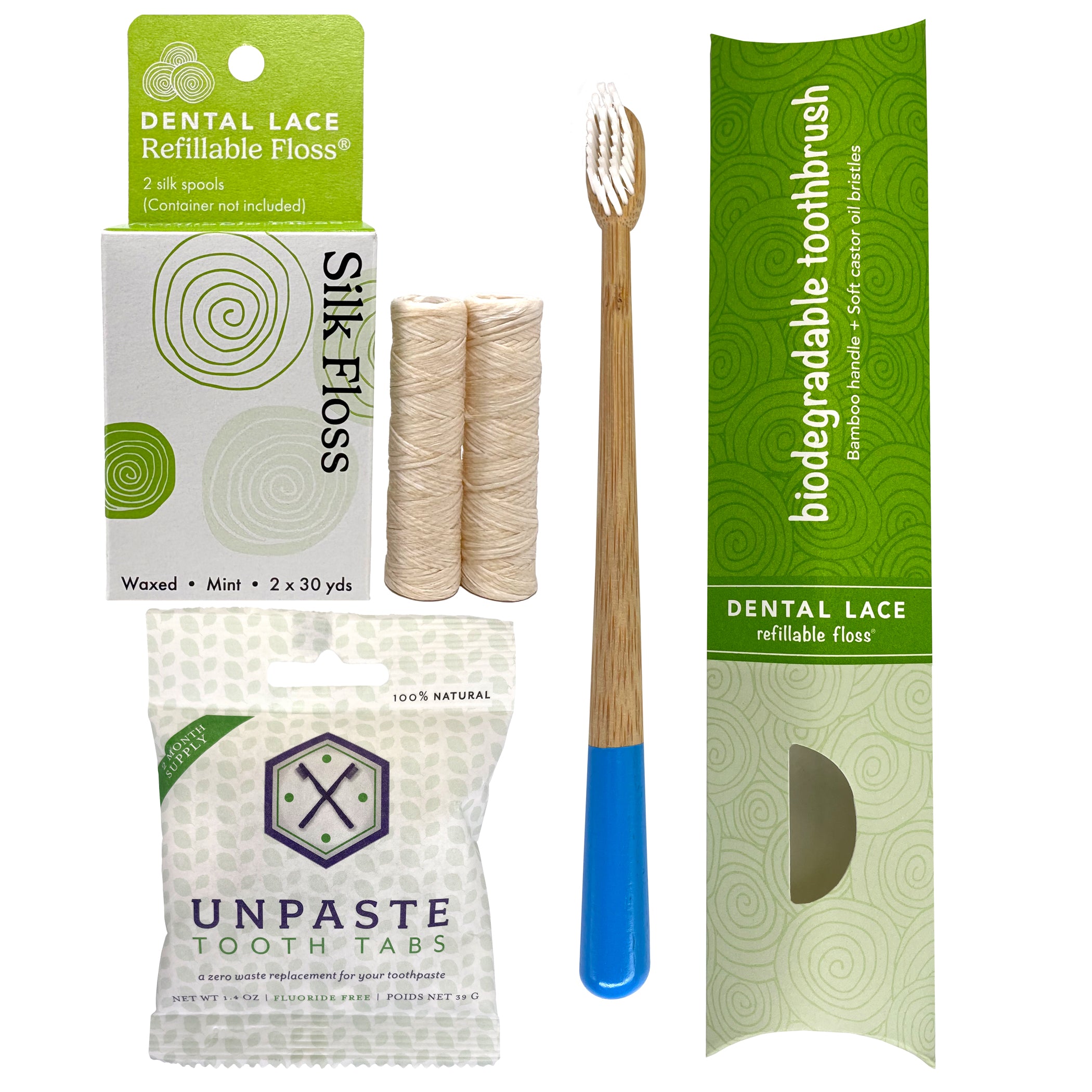 Silk Dental Floss Refills, Bamboo Toothbrush & Fluoride Free Toothpaste Tablets Bundle