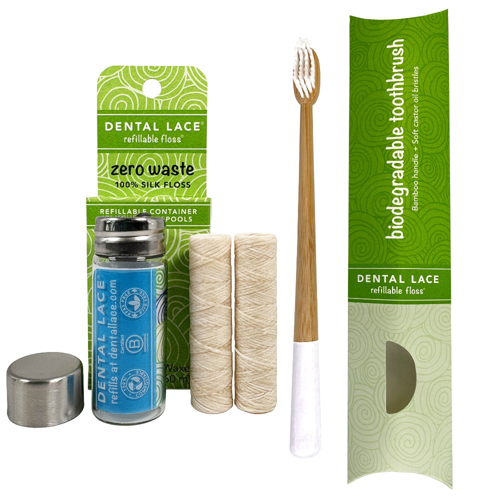 Silk Dental Floss in Refillable Glass Container | PFAS-Free, Compostable, Certified BioBased (2 Spools/4-Month Supply) & Bamboo Toothbrush Bundle
