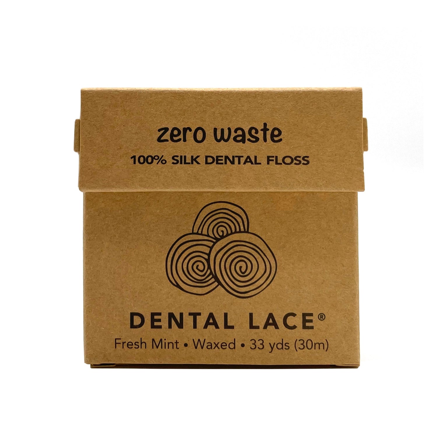 A square brown kraft paper box for Dental Lace Zero Waste silk dental floss in Fresh Mint, showing the brand name and product details on a white background.