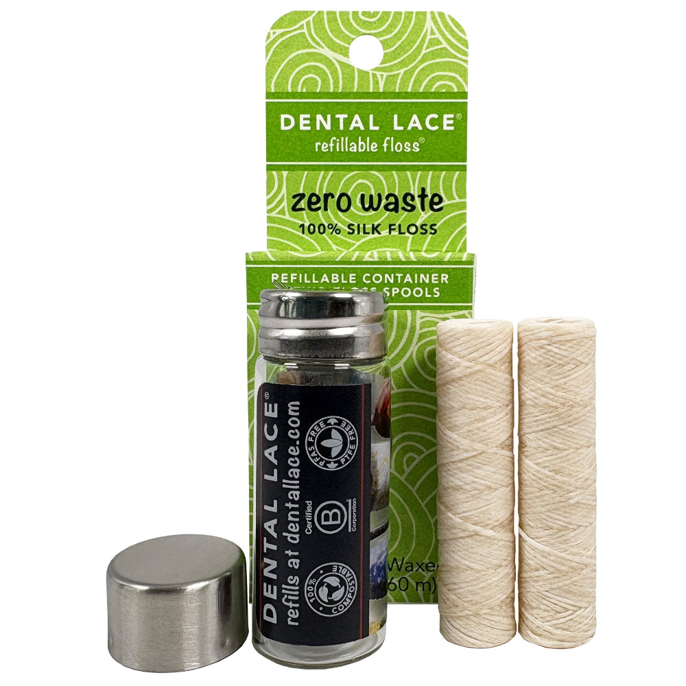 Best Seller! Silk Dental Floss in Refillable Glass Container | PFAS-Free, Compostable, Certified BioBased (2 Spools/4-Month Supply)