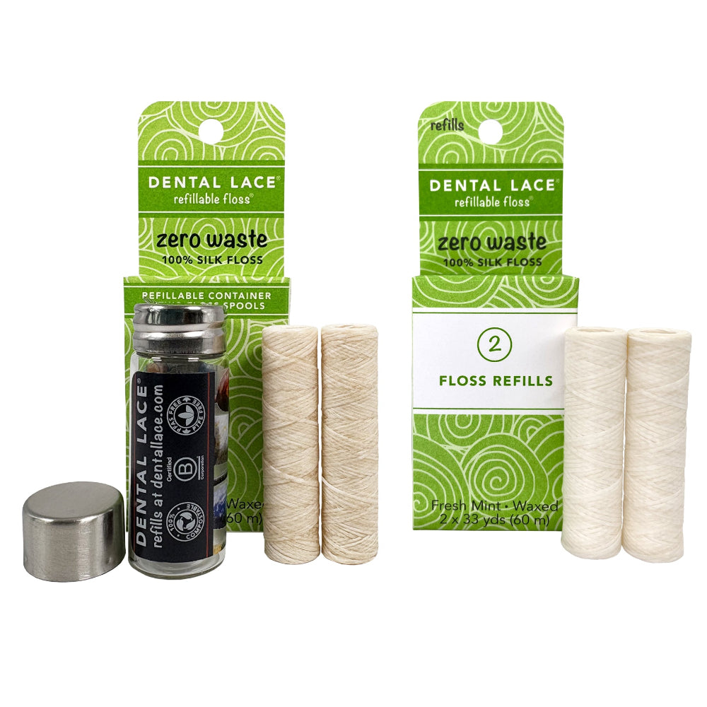 Silk Dental Floss in Refillable Glass Container & Refills | PFAS-Free, Compostable, Certified BioBased (4 Spools/8-Month Supply)