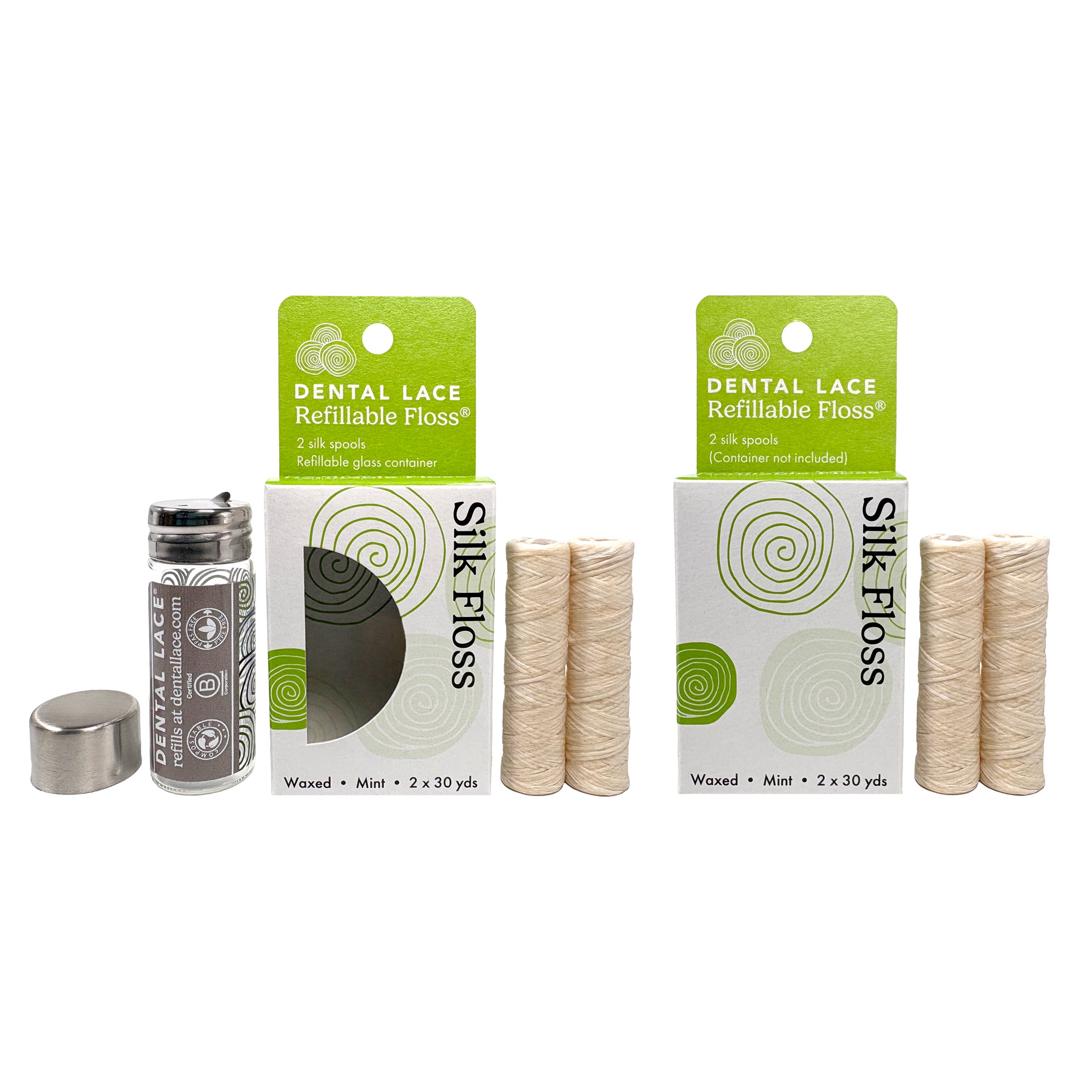 Dental Lace refillable floss boxes with a gray labeled glass container and four silk floss refill spools.