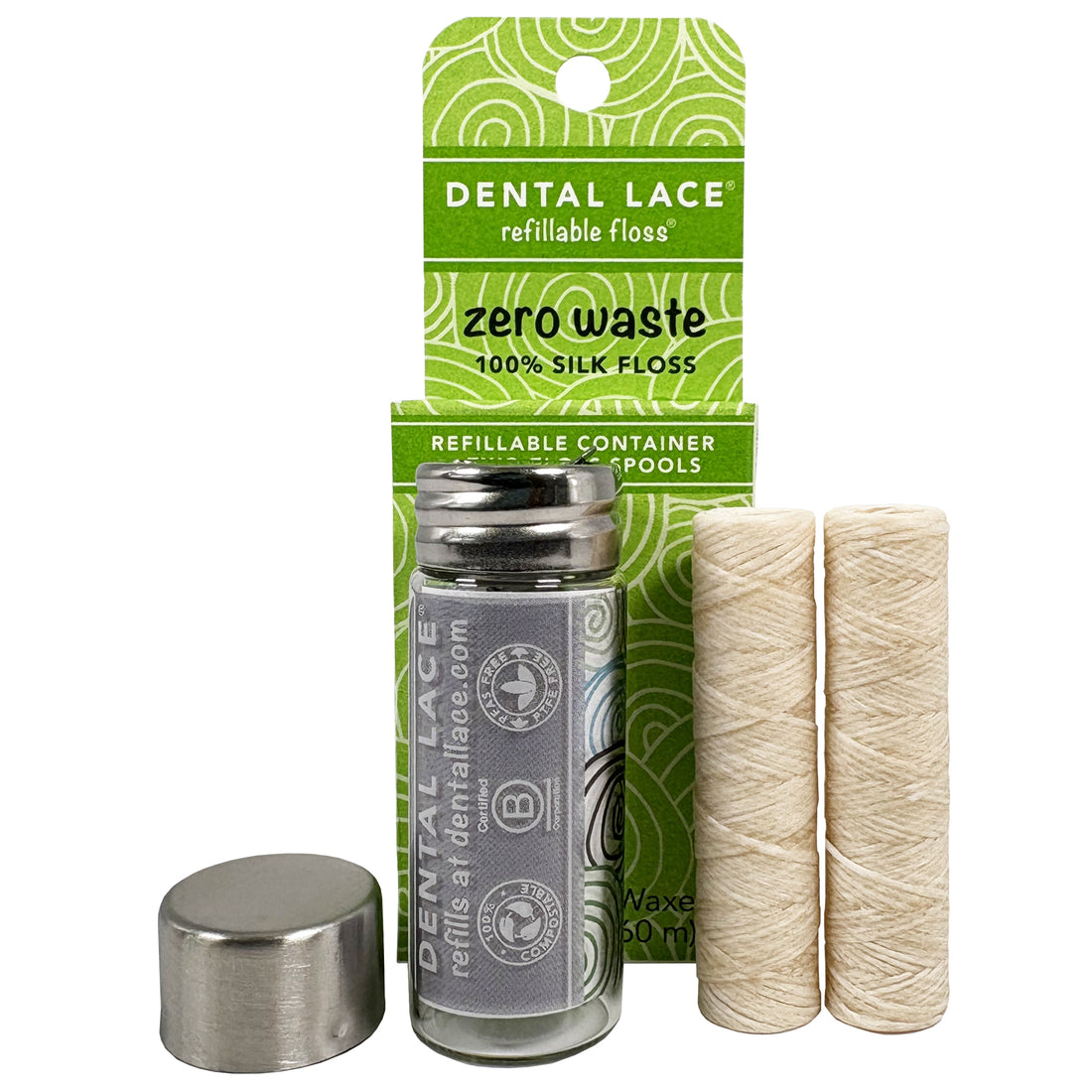 Best Seller! Silk Dental Floss in Refillable Glass Container | PFAS-Free, Compostable, Certified BioBased (2 Spools/4-Month Supply)