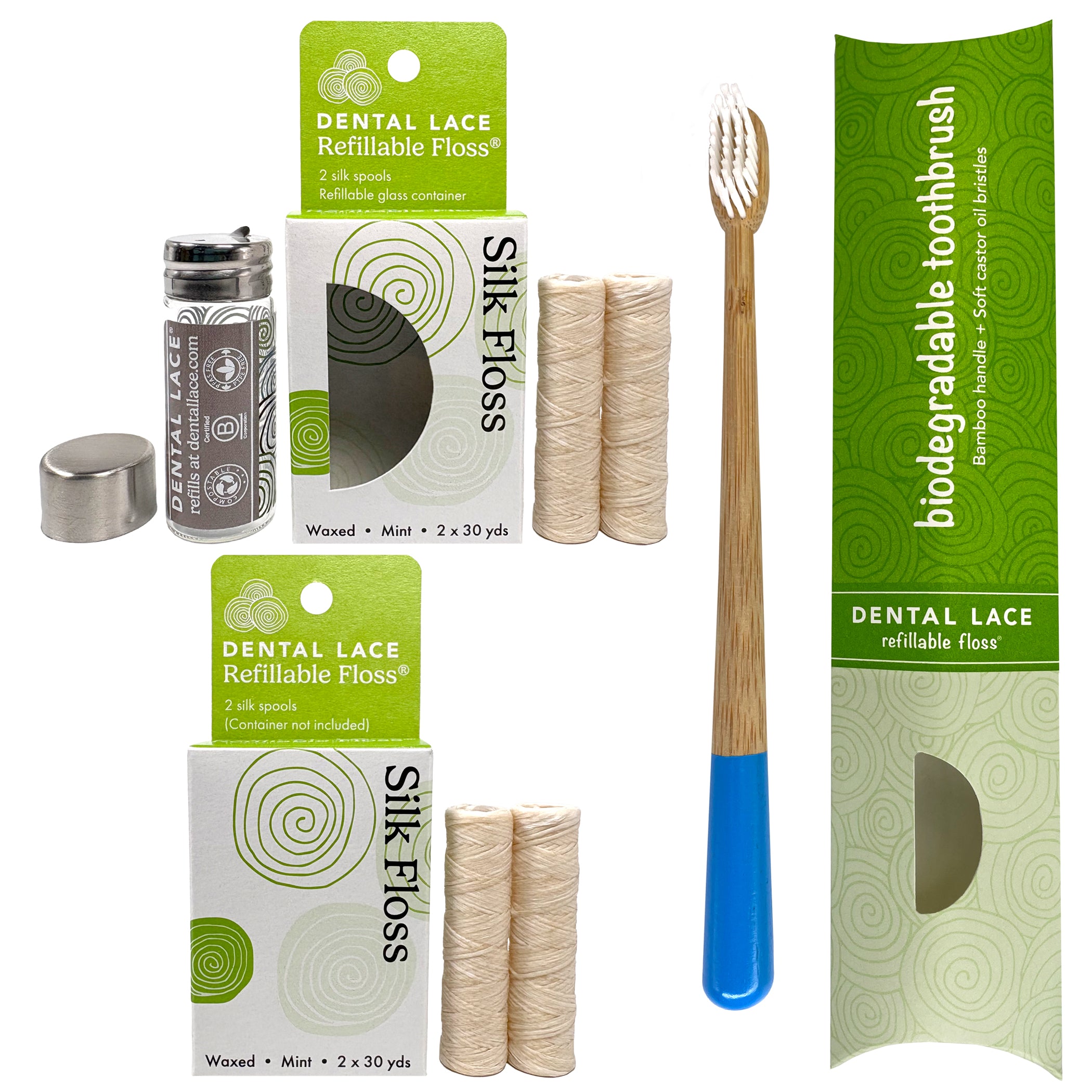 Dental Lace 8 Month PTFE & PFAS Free Silk Floss Bundle with Bamboo Toothbrush