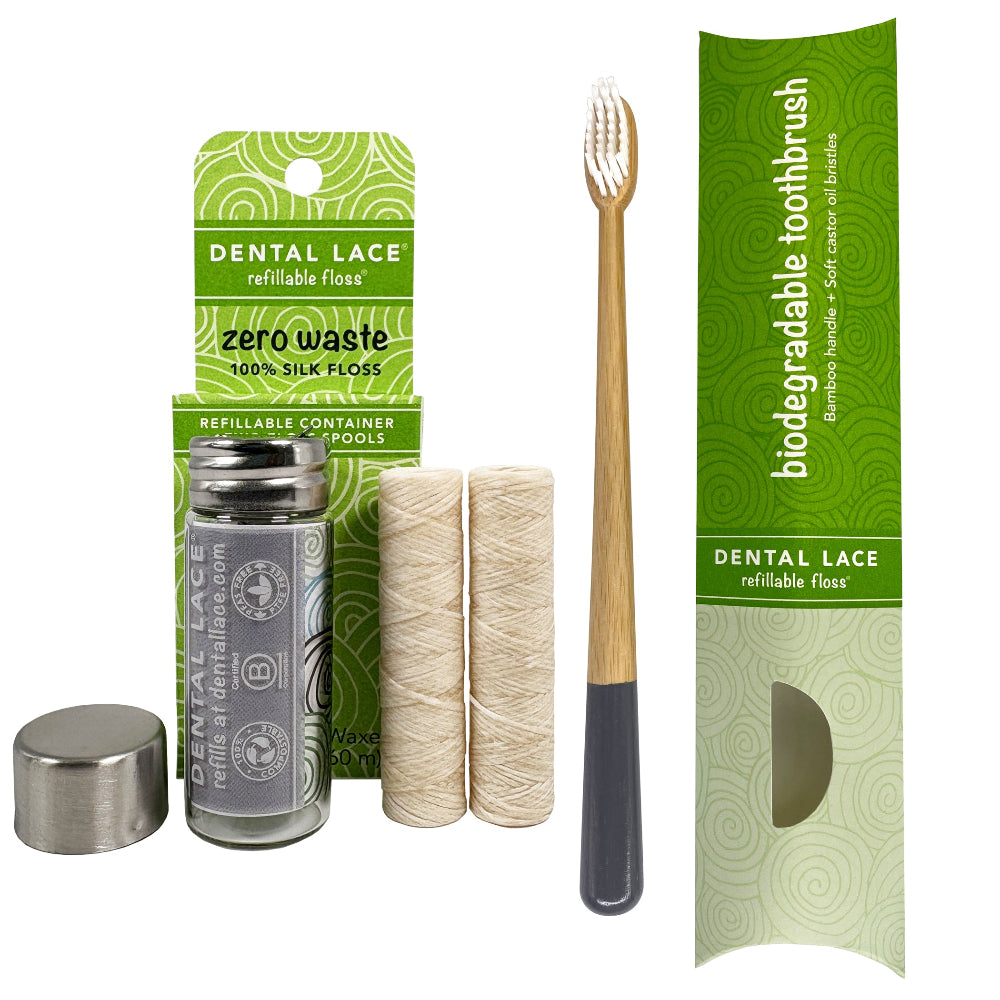 Silk Dental Floss in Refillable Glass Container | PFAS-Free, Compostable, Certified BioBased (2 Spools/4-Month Supply) & Bamboo Toothbrush Bundle