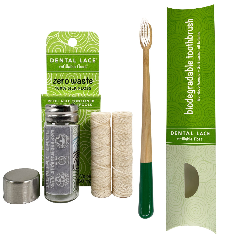 Silk Dental Floss in Refillable Glass Container | PFAS-Free, Compostable, Certified BioBased (2 Spools/4-Month Supply) & Bamboo Toothbrush Bundle