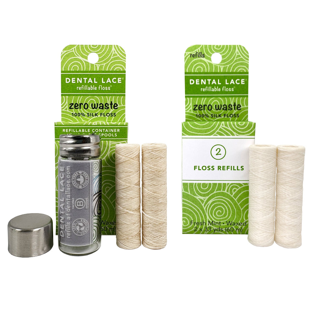 Silk Dental Floss in Refillable Glass Container & Refills | PFAS-Free, Compostable, Certified BioBased (4 Spools/8-Month Supply)
