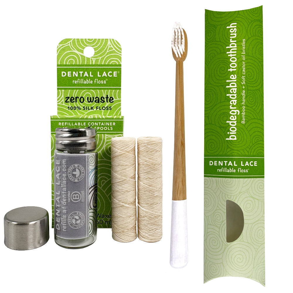 Silk Dental Floss in Refillable Glass Container | PFAS-Free, Compostable, Certified BioBased (2 Spools/4-Month Supply) & Bamboo Toothbrush Bundle