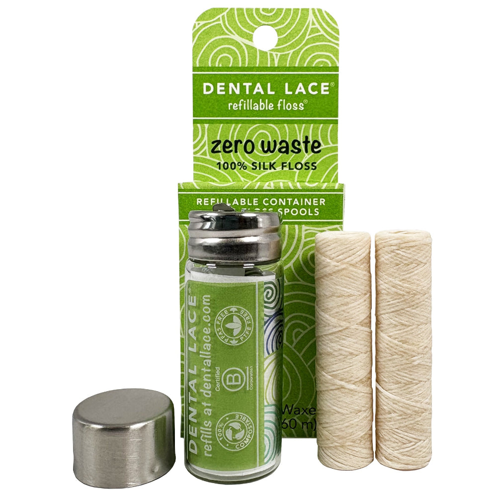 Best Seller! Silk Dental Floss in Refillable Glass Container | PFAS-Free, Compostable, Certified BioBased (2 Spools/4-Month Supply)