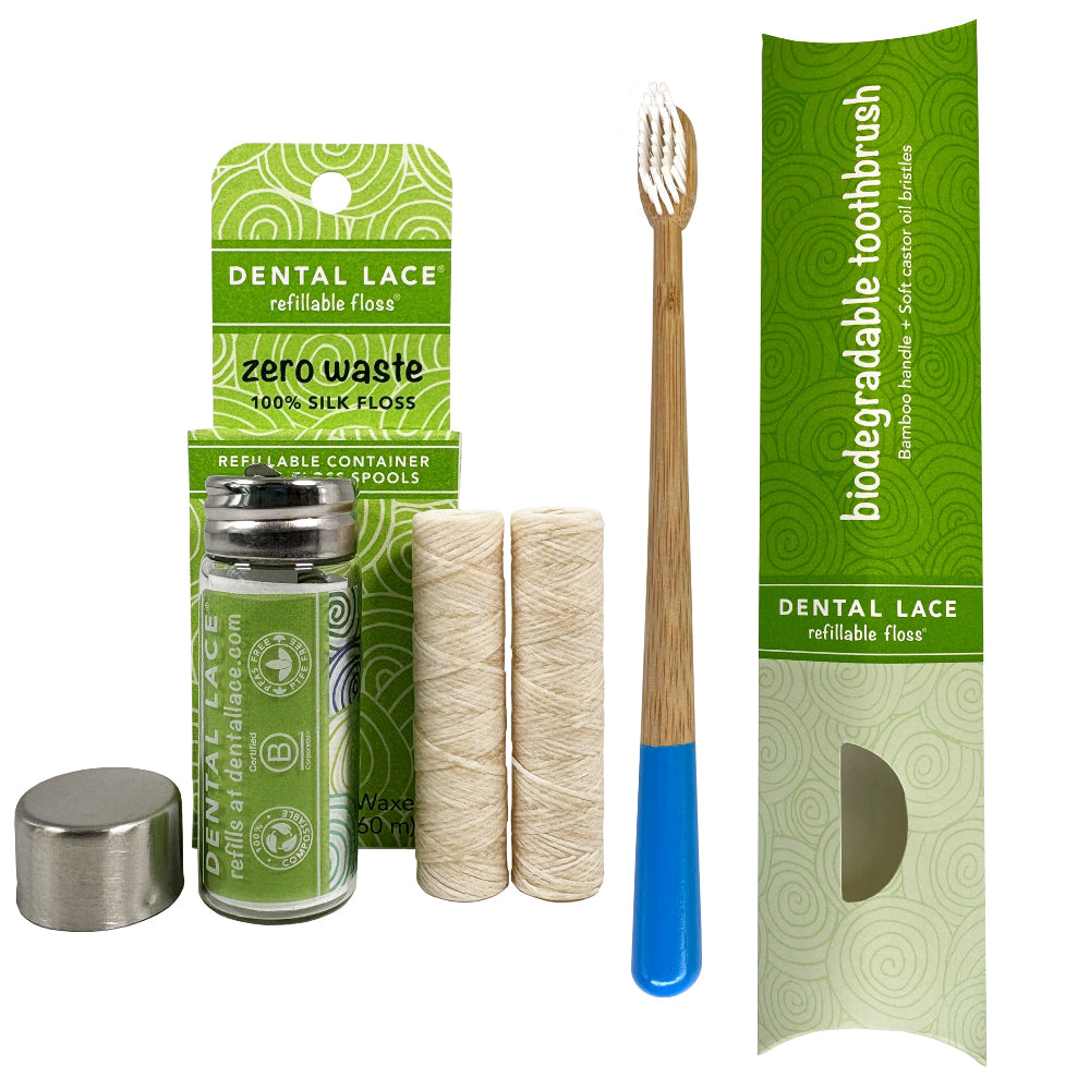 Silk Dental Floss in Refillable Glass Container | PFAS-Free, Compostable, Certified BioBased (2 Spools/4-Month Supply) & Bamboo Toothbrush Bundle