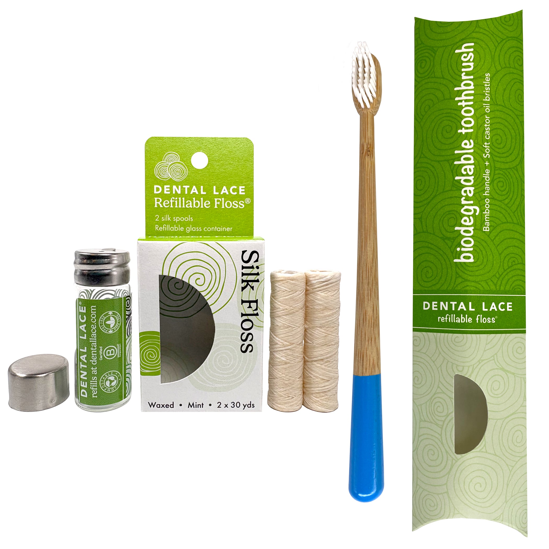 Silk Dental Floss in Refillable Glass Container | PFAS-Free, Compostable, Certified BioBased (2 Spools/4-Month Supply) & Bamboo Toothbrush Bundle