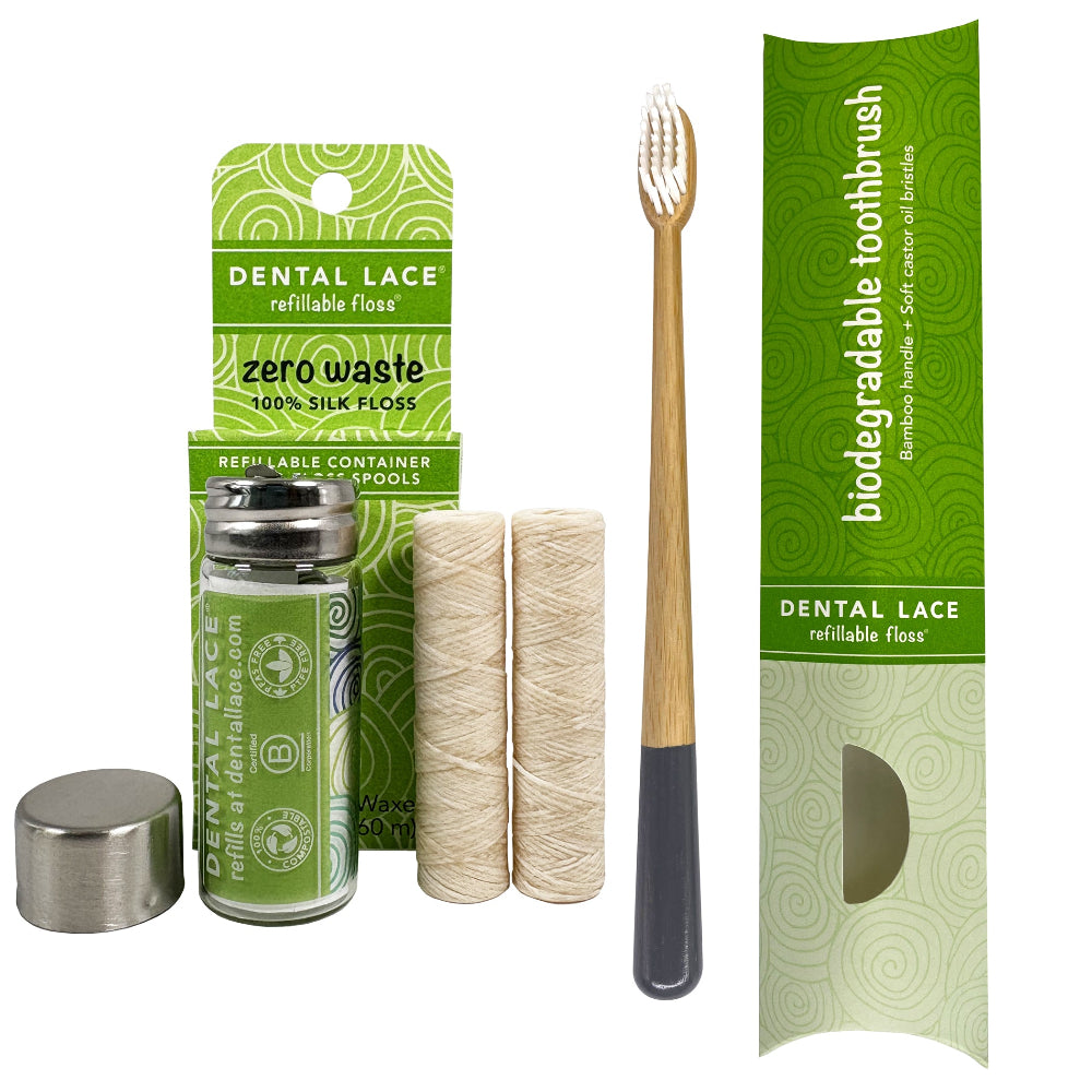 Silk Dental Floss in Refillable Glass Container | PFAS-Free, Compostable, Certified BioBased (2 Spools/4-Month Supply) & Bamboo Toothbrush Bundle