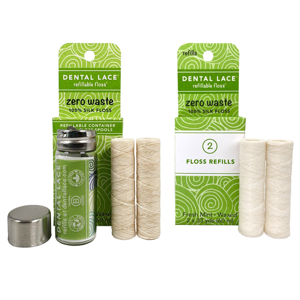 Silk Dental Floss in Refillable Glass Container & Refills | PFAS-Free, Compostable, Certified BioBased (4 Spools/8-Month Supply)