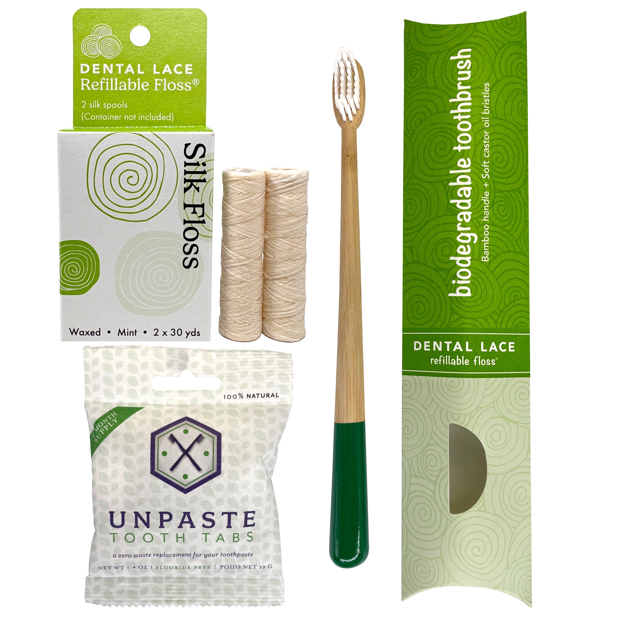 Silk Dental Floss Refills, Bamboo Toothbrush & Fluoride Free Toothpaste Tablets Bundle