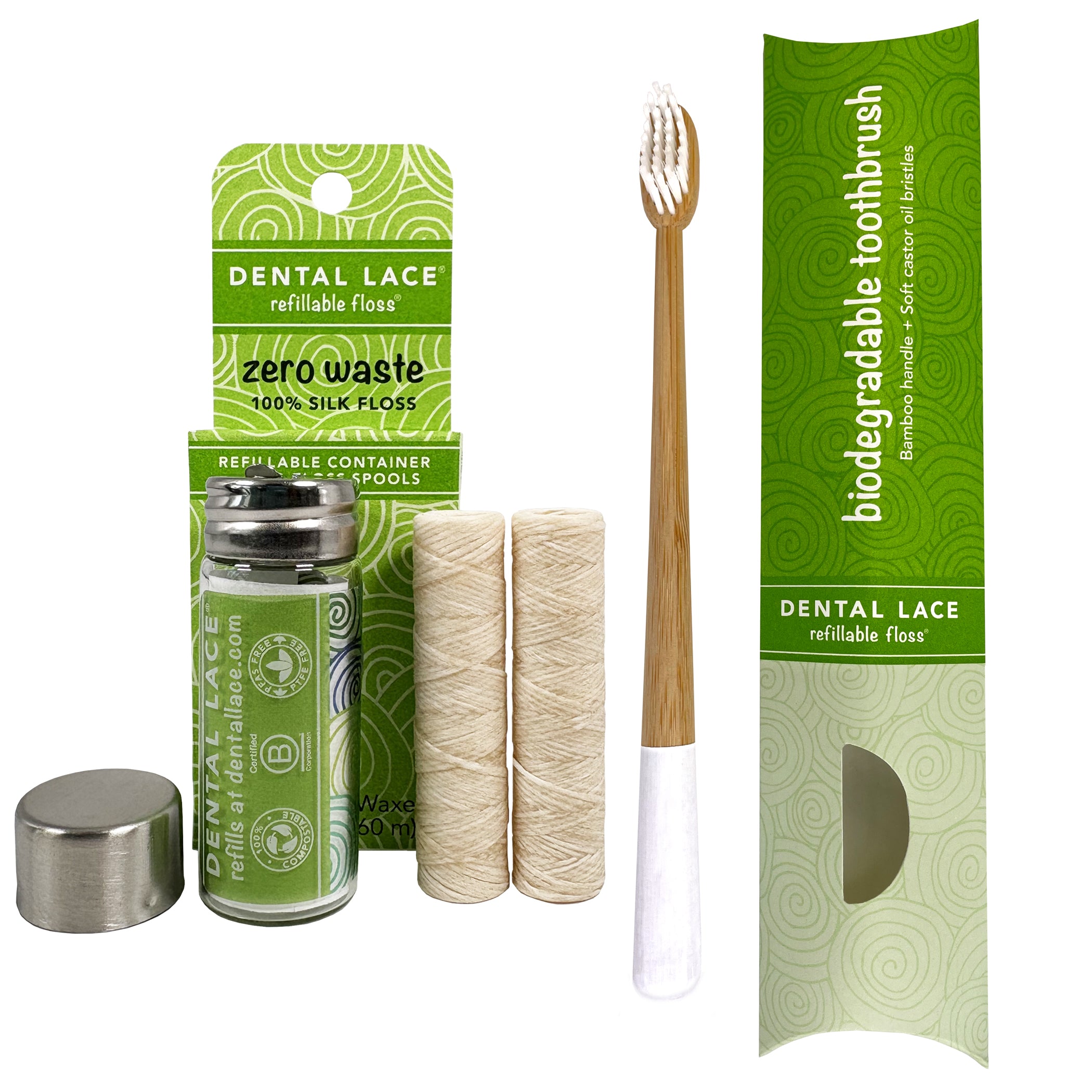 Silk Dental Floss in Refillable Glass Container | PFAS-Free, BPA-Free, Certified BioBased (2 Spools/4-Month Supply) & Bamboo Toothbrush Bundle