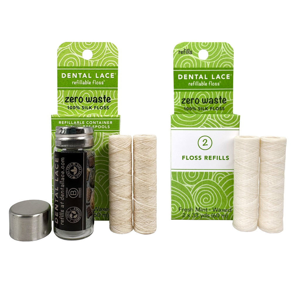 Silk Dental Floss in Refillable Glass Container & Refills | PFAS-Free, Compostable, Certified BioBased (4 Spools/8-Month Supply)