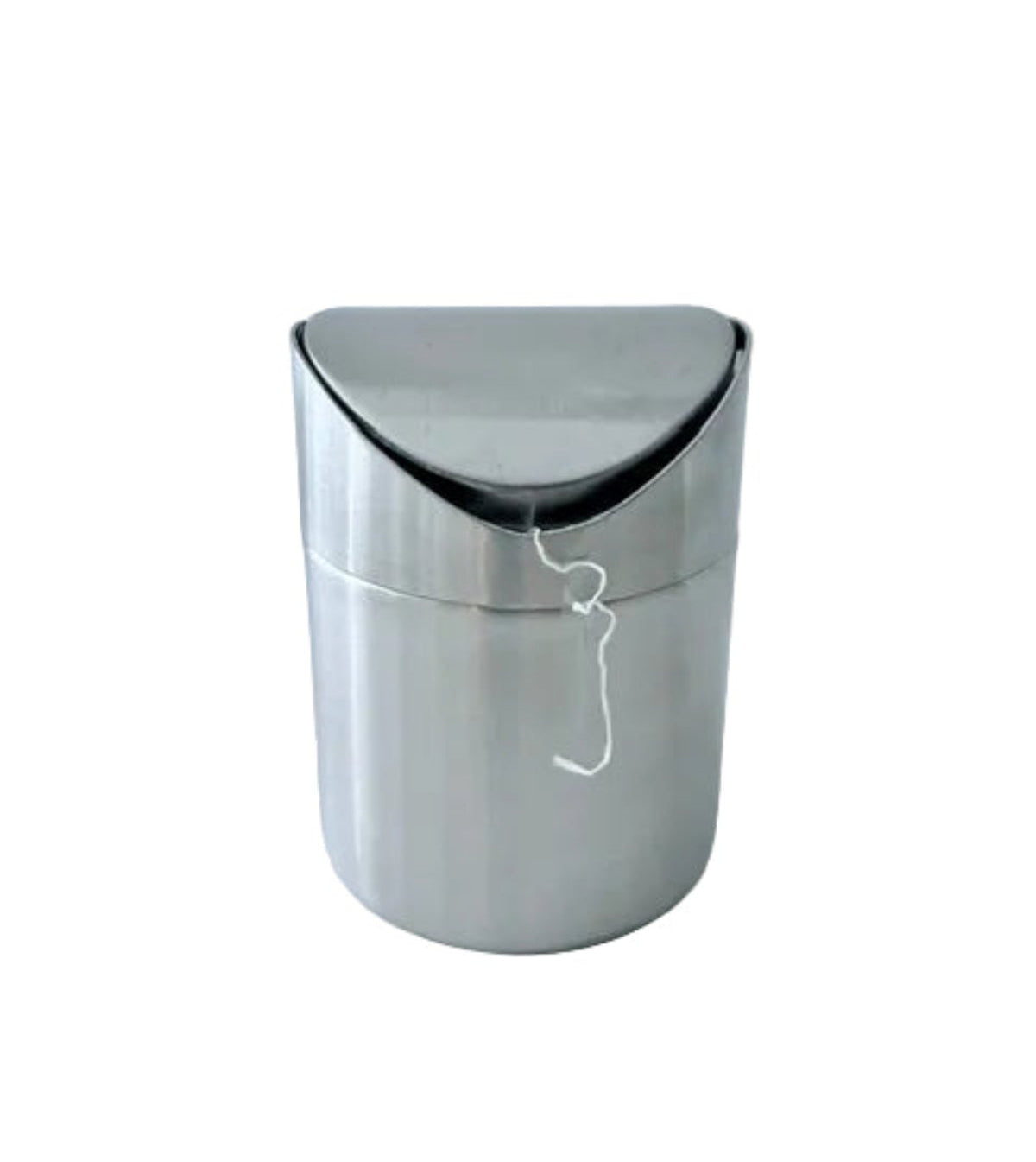 A brushed stainless steel cylindrical container with a slanted, semi-circular lid and a white plastic pull tab, set against a plain light gray background.
