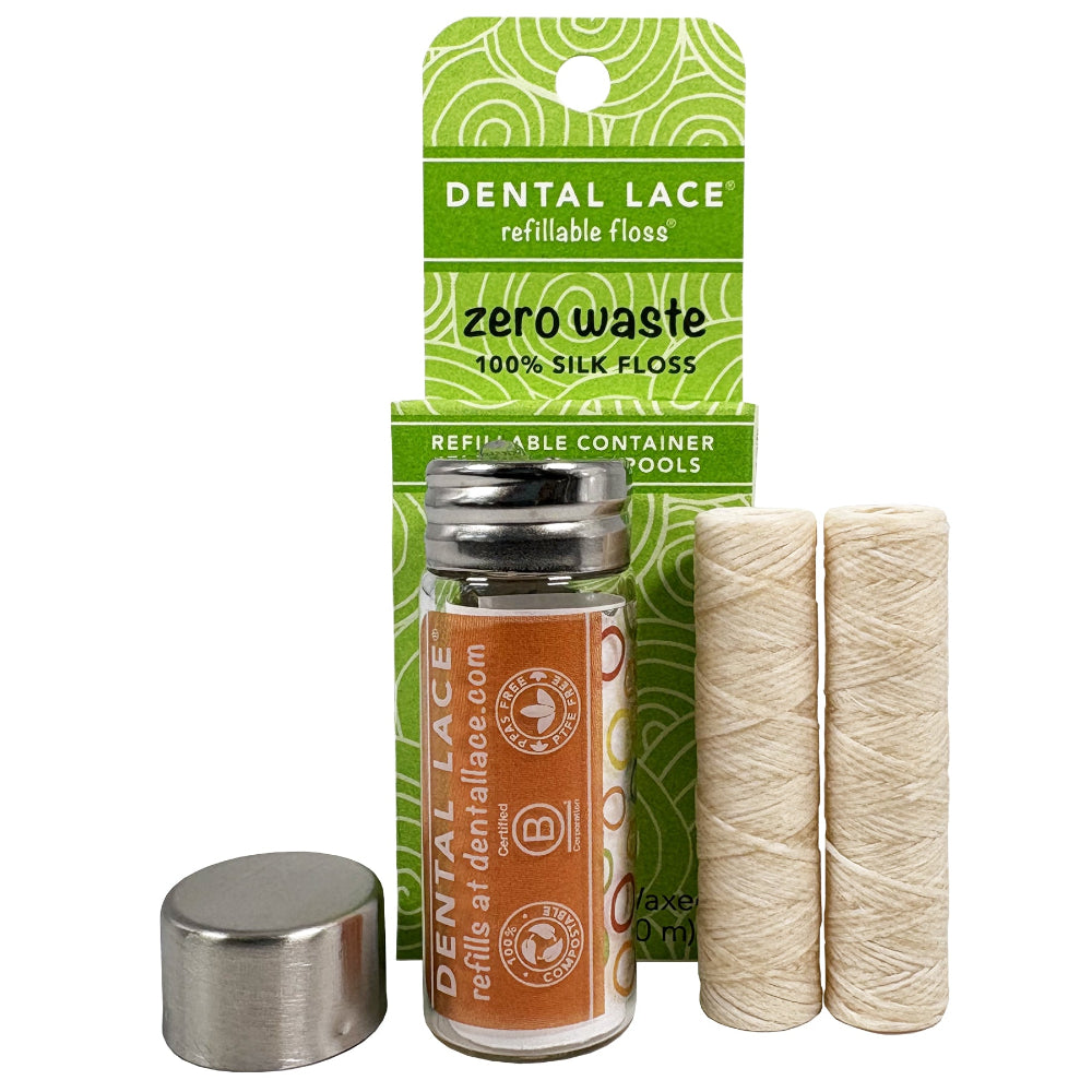 Best Seller! Silk Dental Floss in Refillable Glass Container | PFAS-Free, Compostable, Certified BioBased (2 Spools/4-Month Supply)