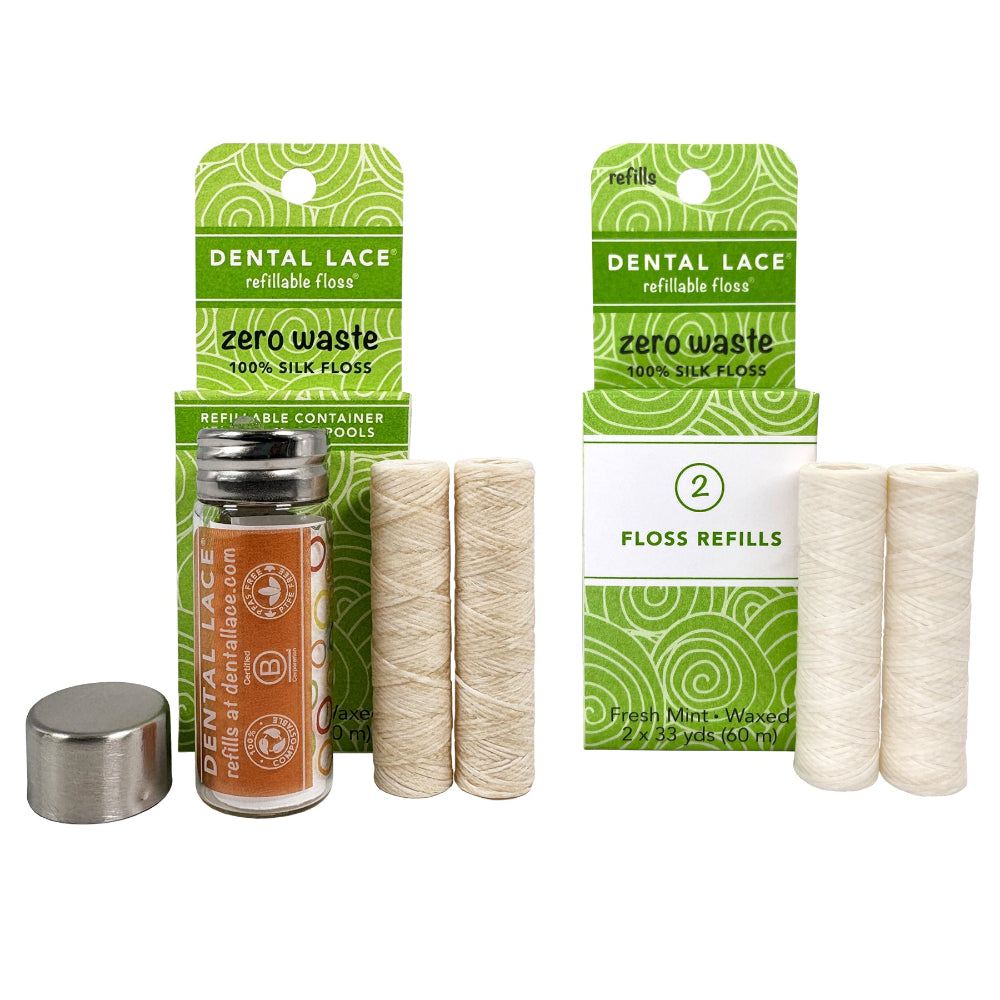 Silk Dental Floss in Refillable Glass Container & Refills | PFAS-Free, Compostable, Certified BioBased (4 Spools/8-Month Supply)
