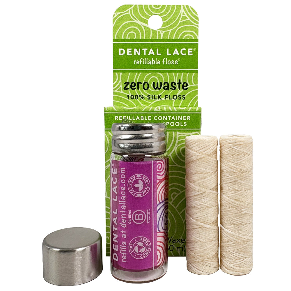Best Seller! Silk Dental Floss in Refillable Glass Container | PFAS-Free, Compostable, Certified BioBased (2 Spools/4-Month Supply)