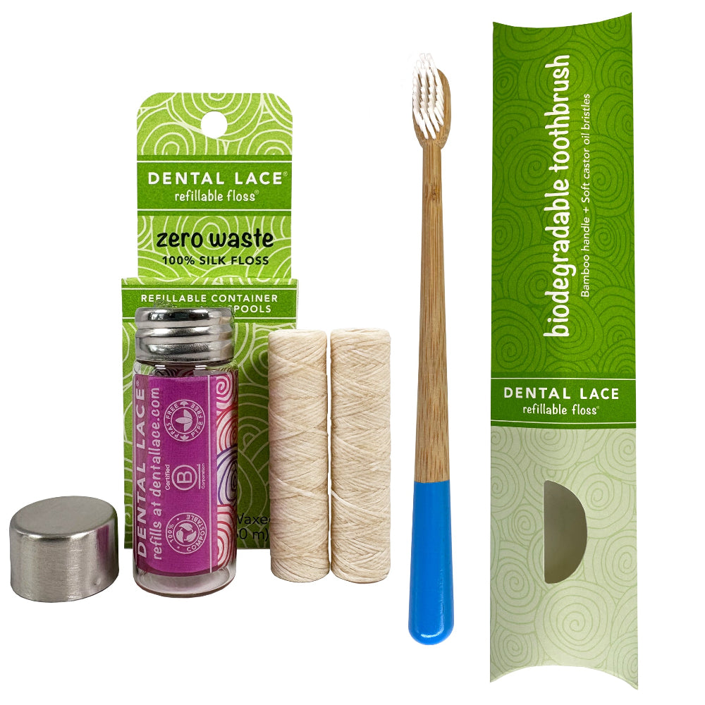 Silk Dental Floss in Refillable Glass Container | PFAS-Free, Compostable, Certified BioBased (2 Spools/4-Month Supply) & Bamboo Toothbrush Bundle