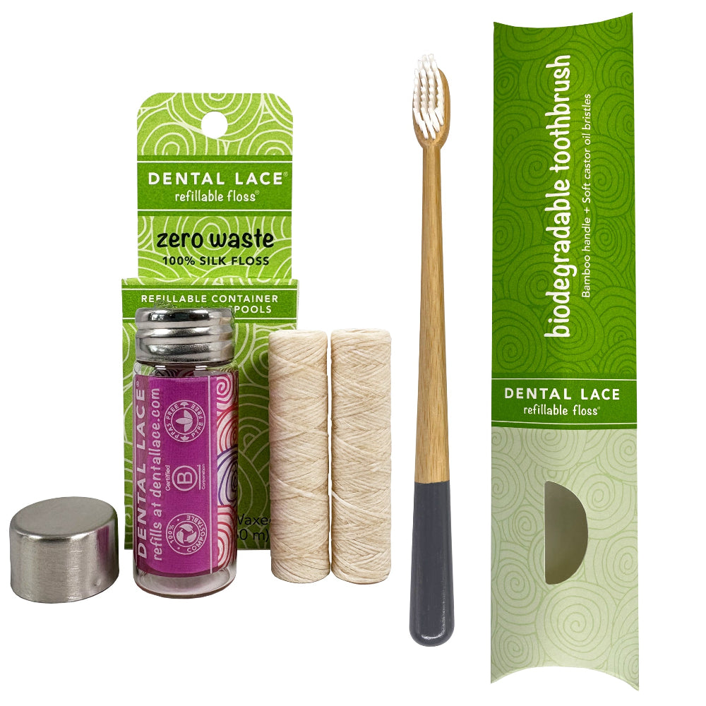 Silk Dental Floss in Refillable Glass Container | PFAS-Free, Compostable, Certified BioBased (2 Spools/4-Month Supply) & Bamboo Toothbrush Bundle