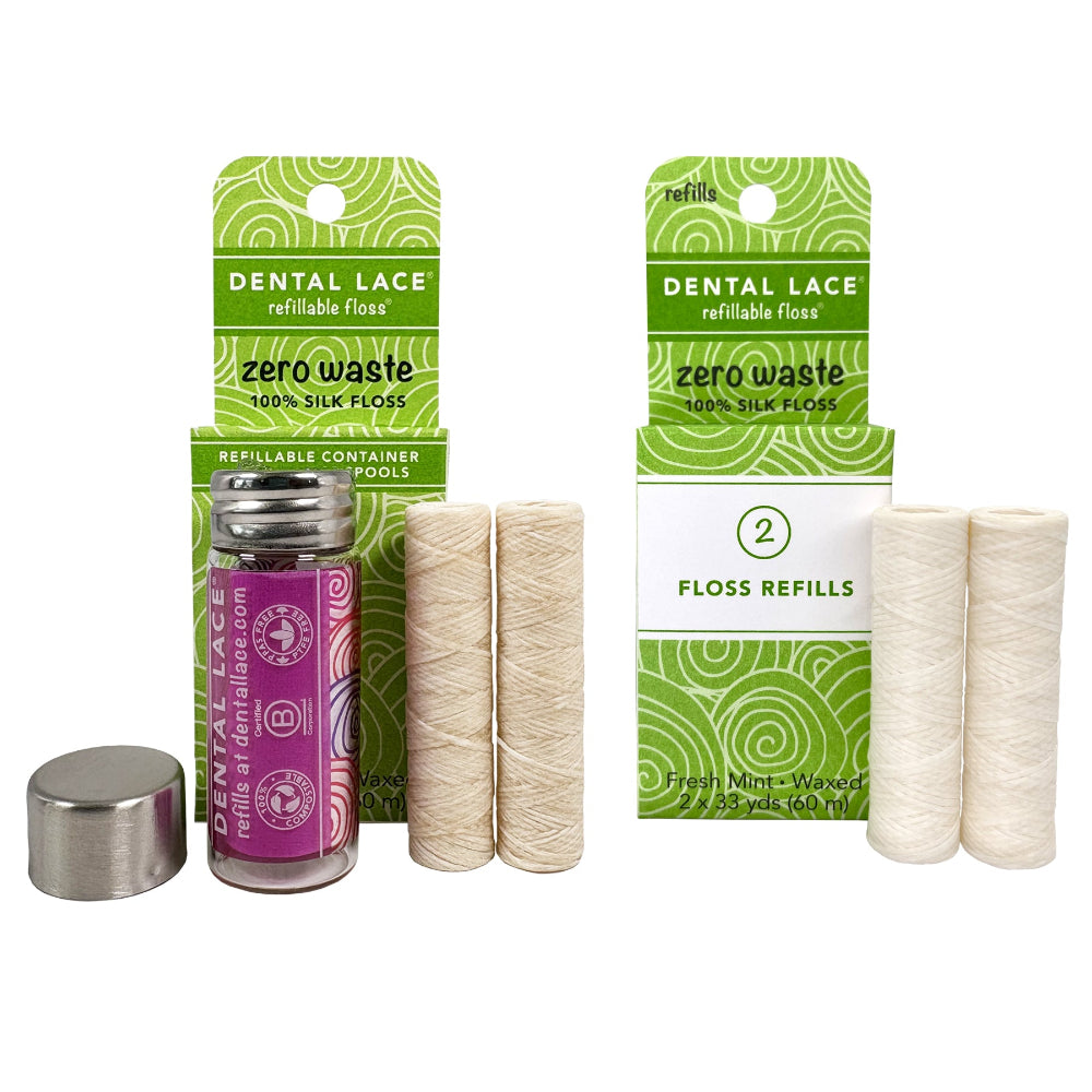 Silk Dental Floss in Refillable Glass Container & Refills | PFAS-Free, Compostable, Certified BioBased (4 Spools/8-Month Supply)