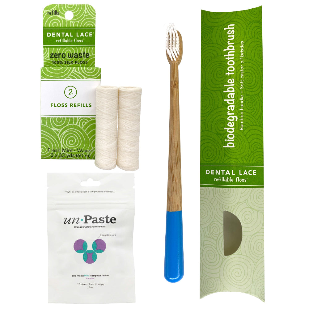 Silk Dental Floss Refills, Bamboo Toothbrush & Fluoride Toothpaste Tablets Bundle