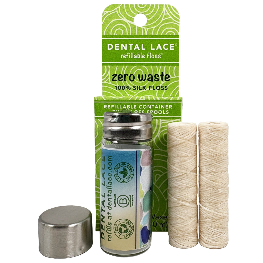 Best Seller! Silk Dental Floss in Refillable Glass Container | PFAS-Free, Compostable, Certified BioBased (2 Spools/4-Month Supply)