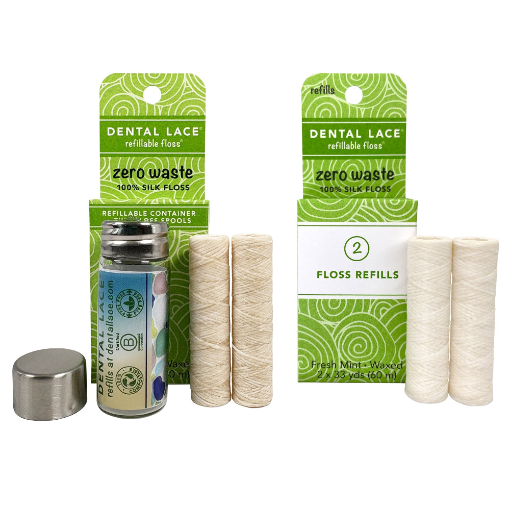 Silk Dental Floss in Refillable Glass Container & Refills | PFAS-Free, Compostable, Certified BioBased (4 Spools/8-Month Supply)
