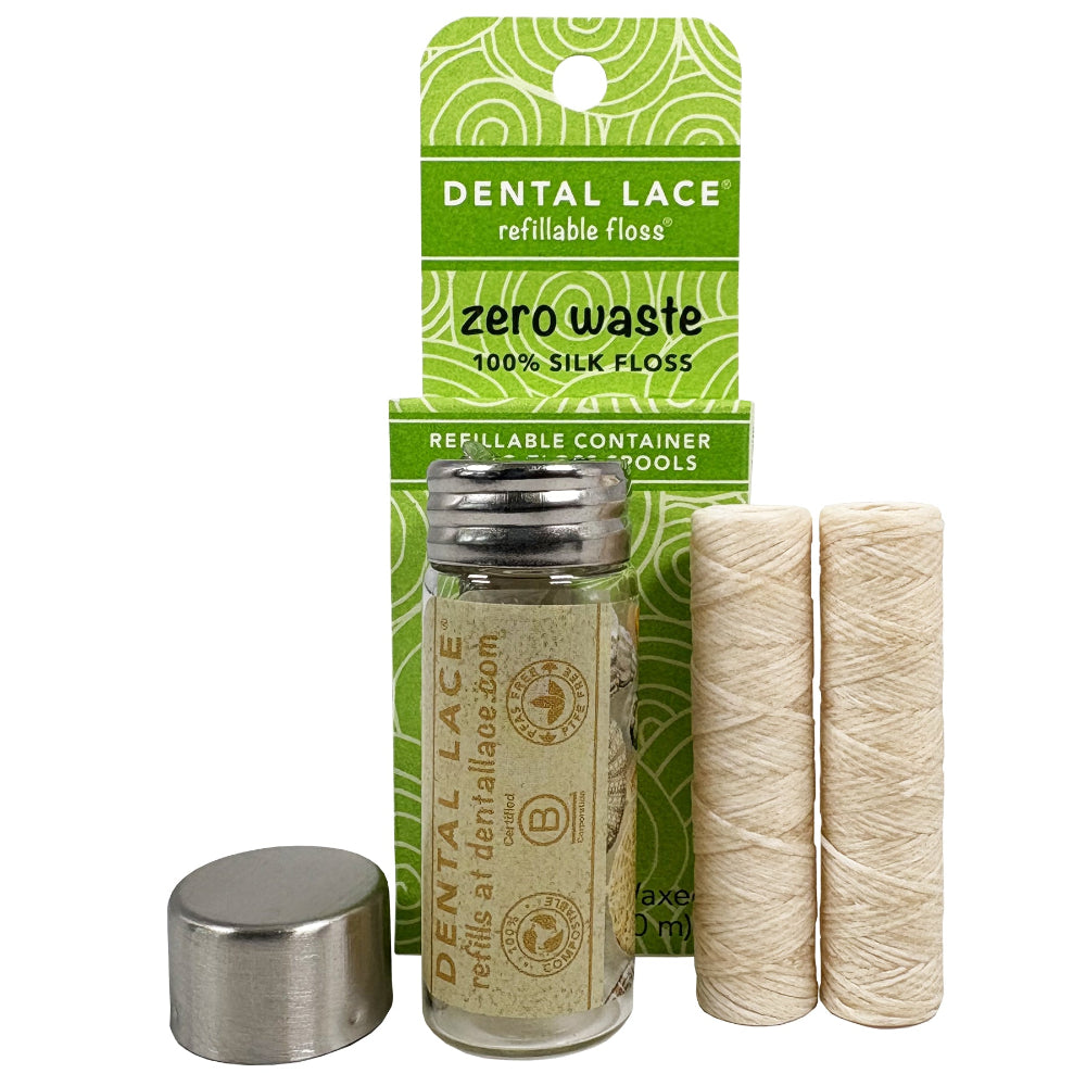 Best Seller! Silk Dental Floss in Refillable Glass Container | PFAS-Free, Compostable, Certified BioBased (2 Spools/4-Month Supply)
