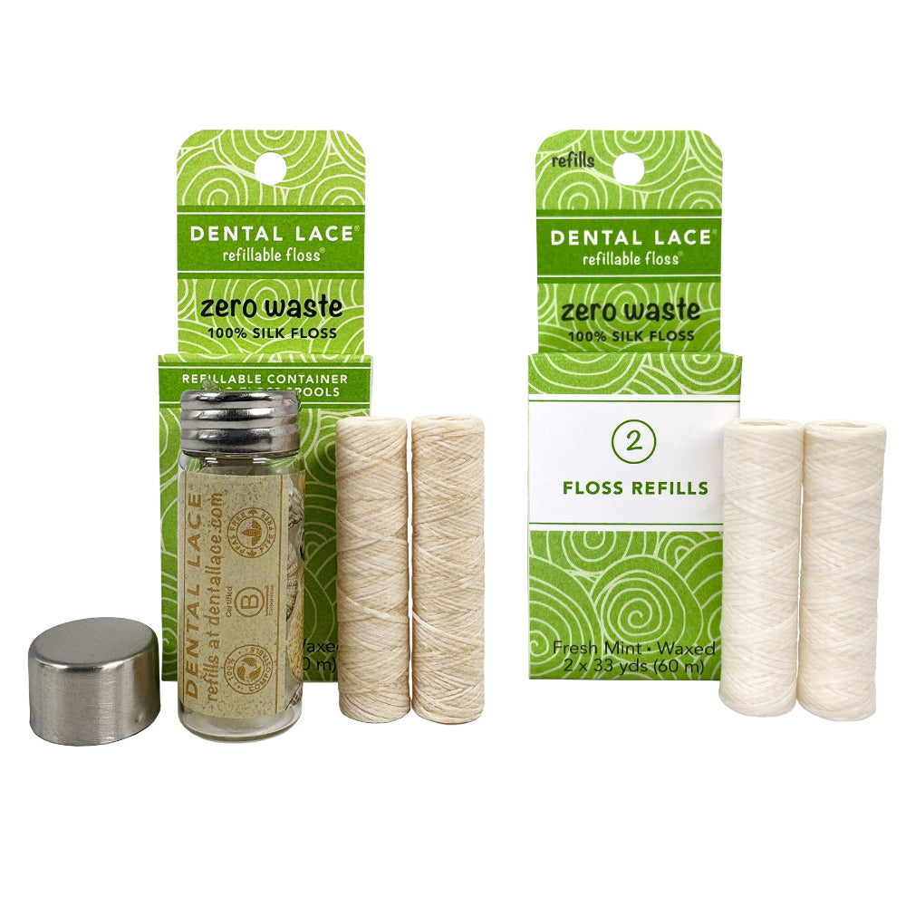 Silk Dental Floss in Refillable Glass Container & Refills | PFAS-Free, Compostable, Certified BioBased (4 Spools/8-Month Supply)