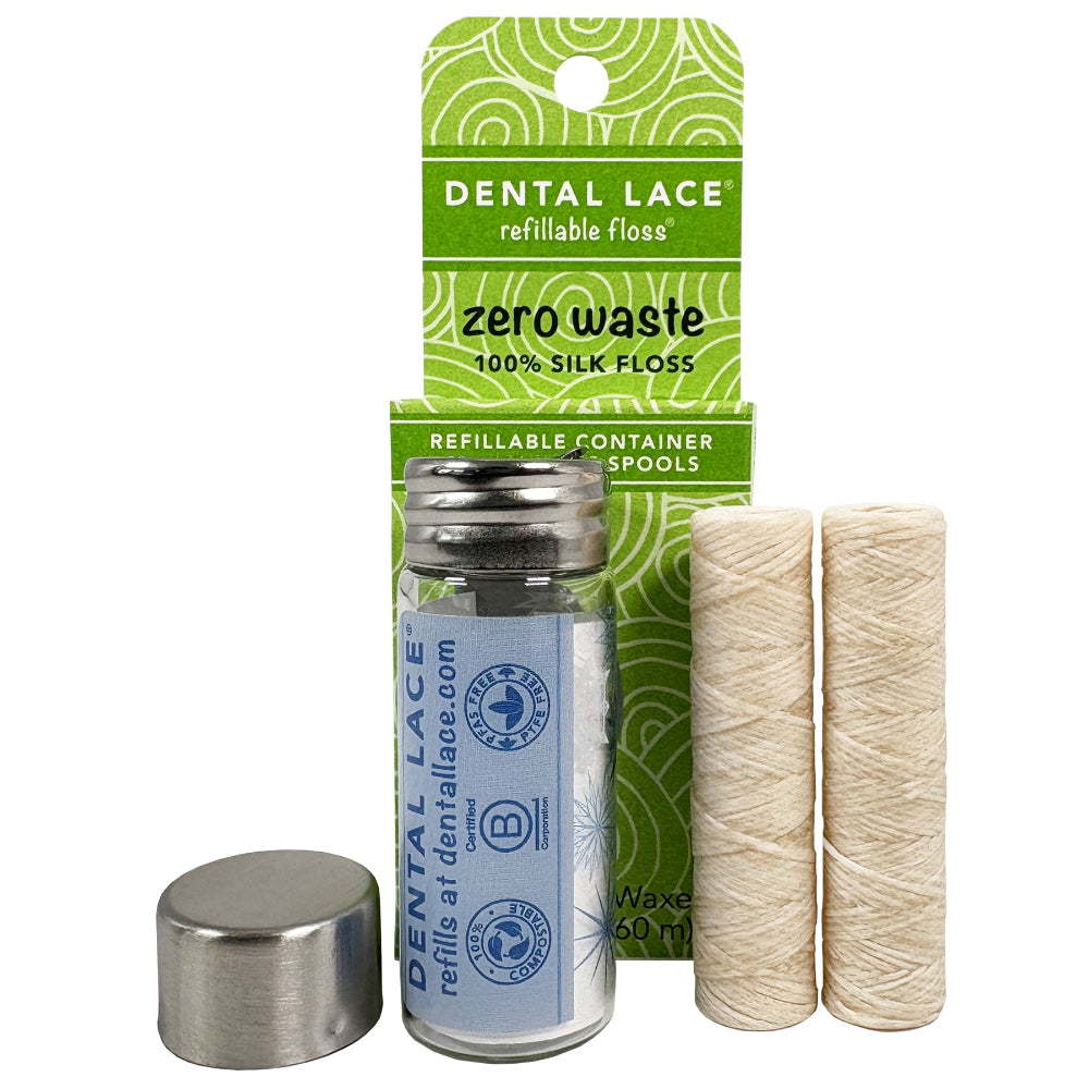 Best Seller! Silk Dental Floss in Refillable Glass Container | PFAS-Free, Compostable, Certified BioBased (2 Spools/4-Month Supply)