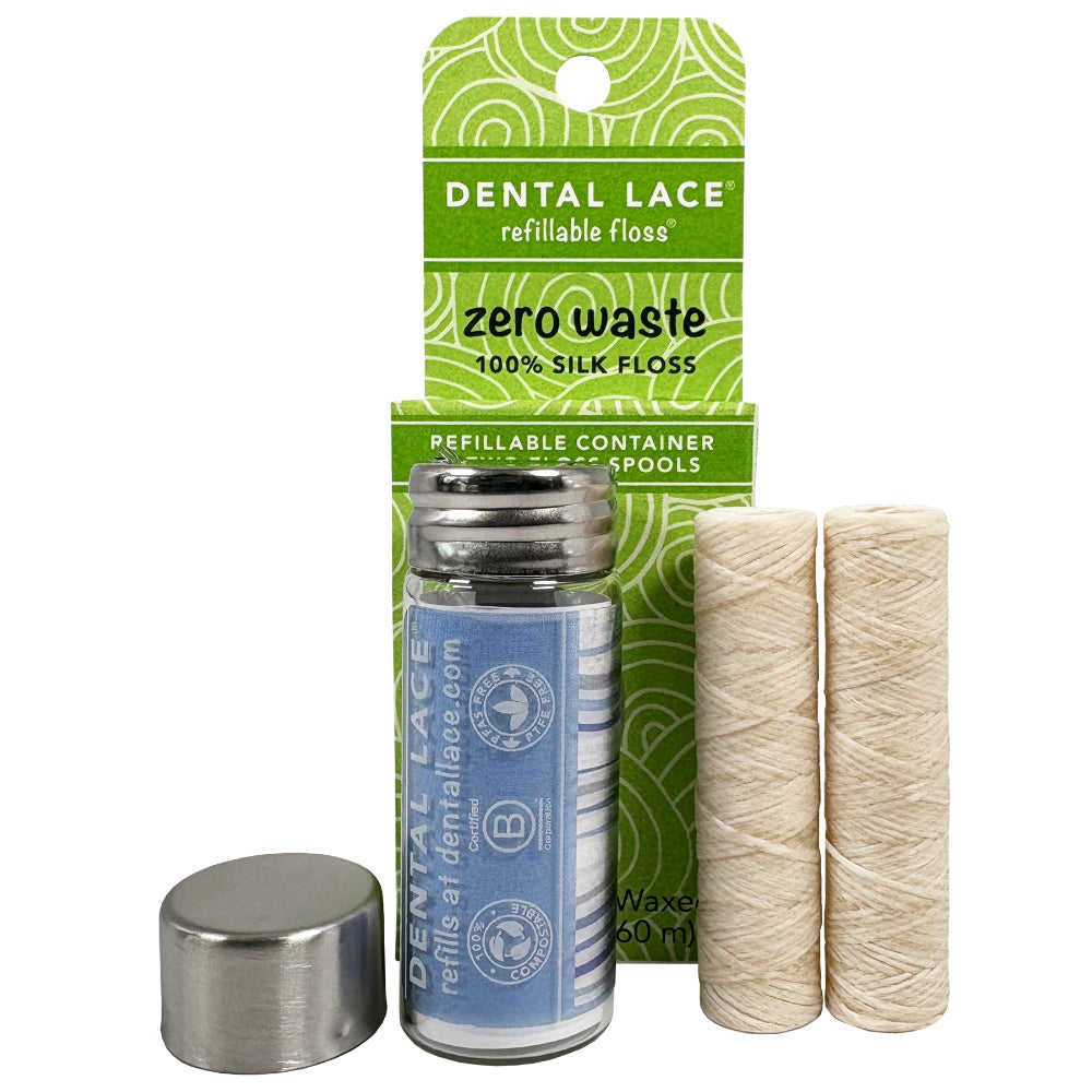 Best Seller! Silk Dental Floss in Refillable Glass Container | PFAS-Free, Compostable, Certified BioBased (2 Spools/4-Month Supply)
