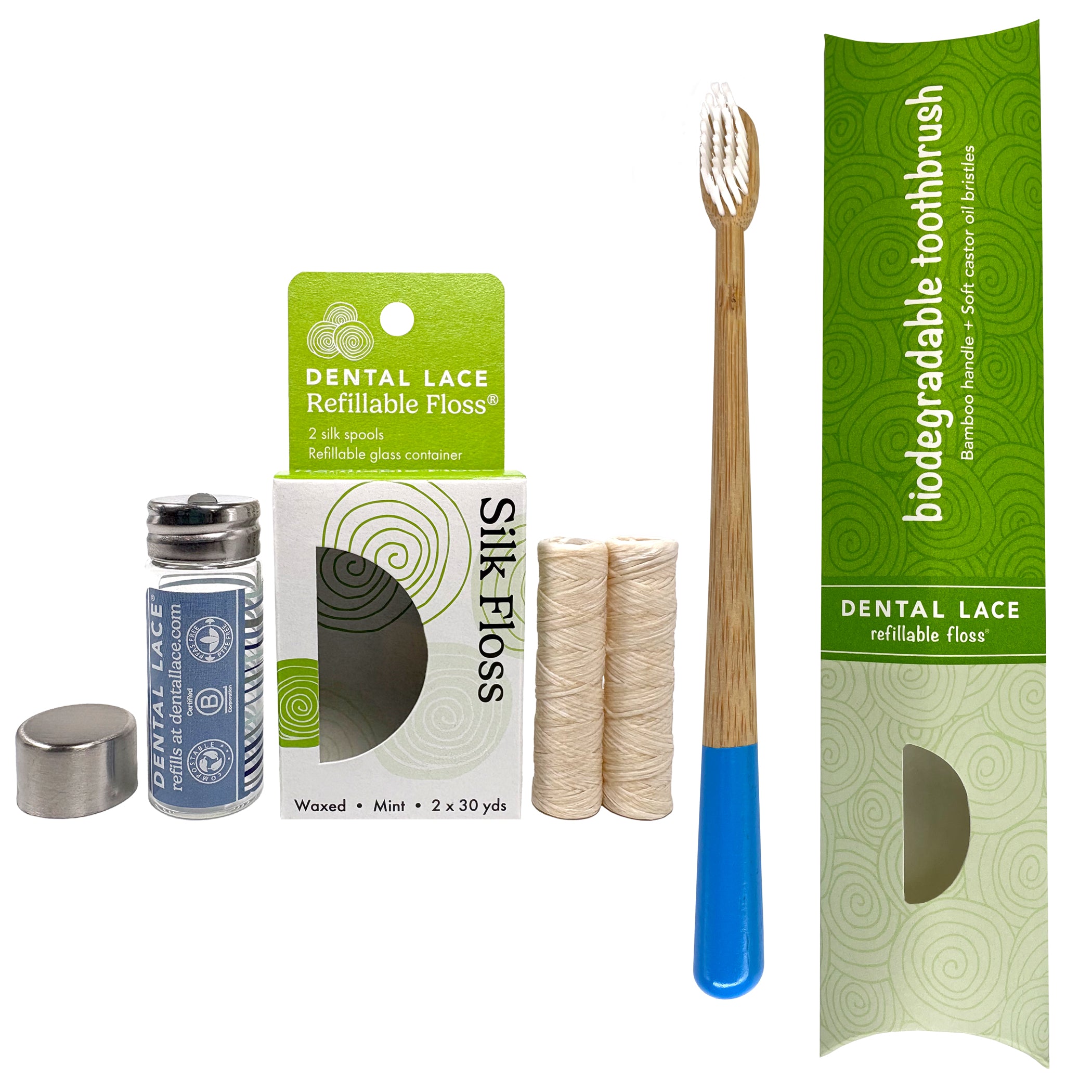 Silk Dental Floss in Refillable Glass Container | PFAS-Free, Compostable, Certified BioBased (2 Spools/4-Month Supply) & Bamboo Toothbrush Bundle