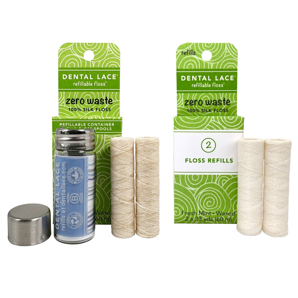 Silk Dental Floss in Refillable Glass Container & Refills | PFAS-Free, Compostable, Certified BioBased (4 Spools/8-Month Supply)