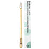 A bamboo toothbrush with white bristles stands upright next to its white packaging box. The box is labeled &