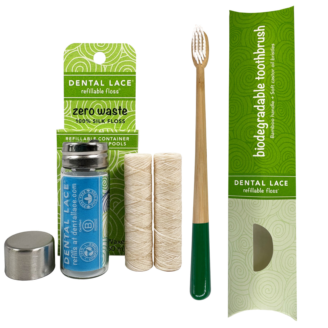 Silk Dental Floss in Refillable Glass Container | PFAS-Free, Compostable, Certified BioBased (2 Spools/4-Month Supply) & Bamboo Toothbrush Bundle