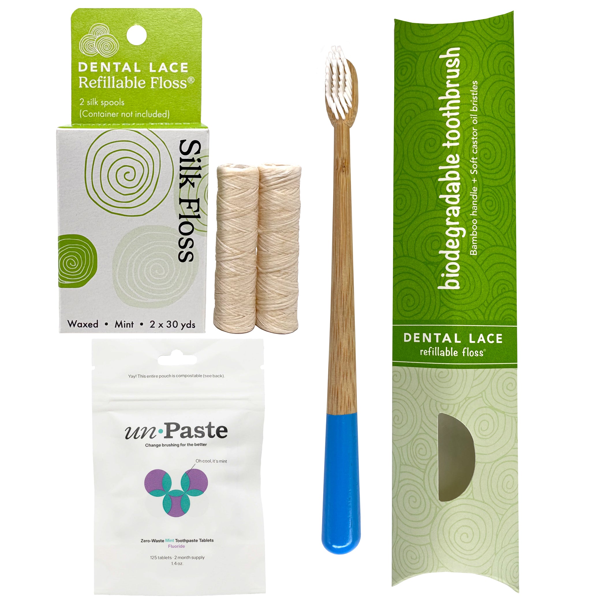 Silk Dental Floss Refills, Bamboo Toothbrush &amp; Fluoride Toothpaste Tablets Bundle