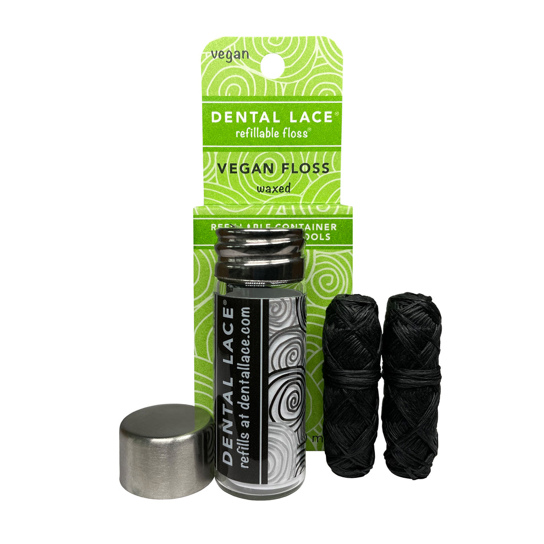 Dental Lace 4 Month Vegan Bamboo Charcoal Infused Synthetic Floss Container with Refill