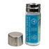 Cylindrical glass floss container with a metallic cap and blue ‘Dental Lace’ label on a white background.