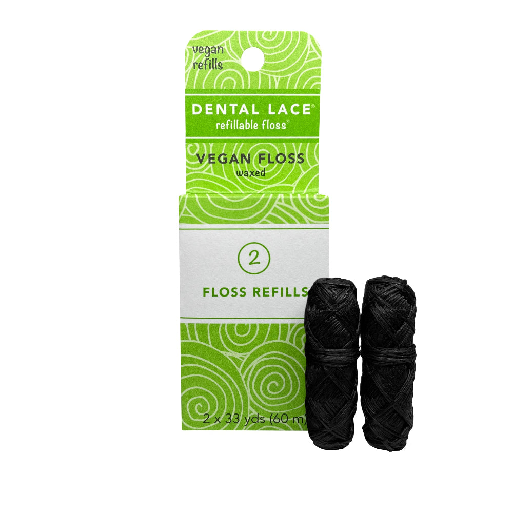 Packaging of dental lace floss with two charcoal floss refills on a white background.