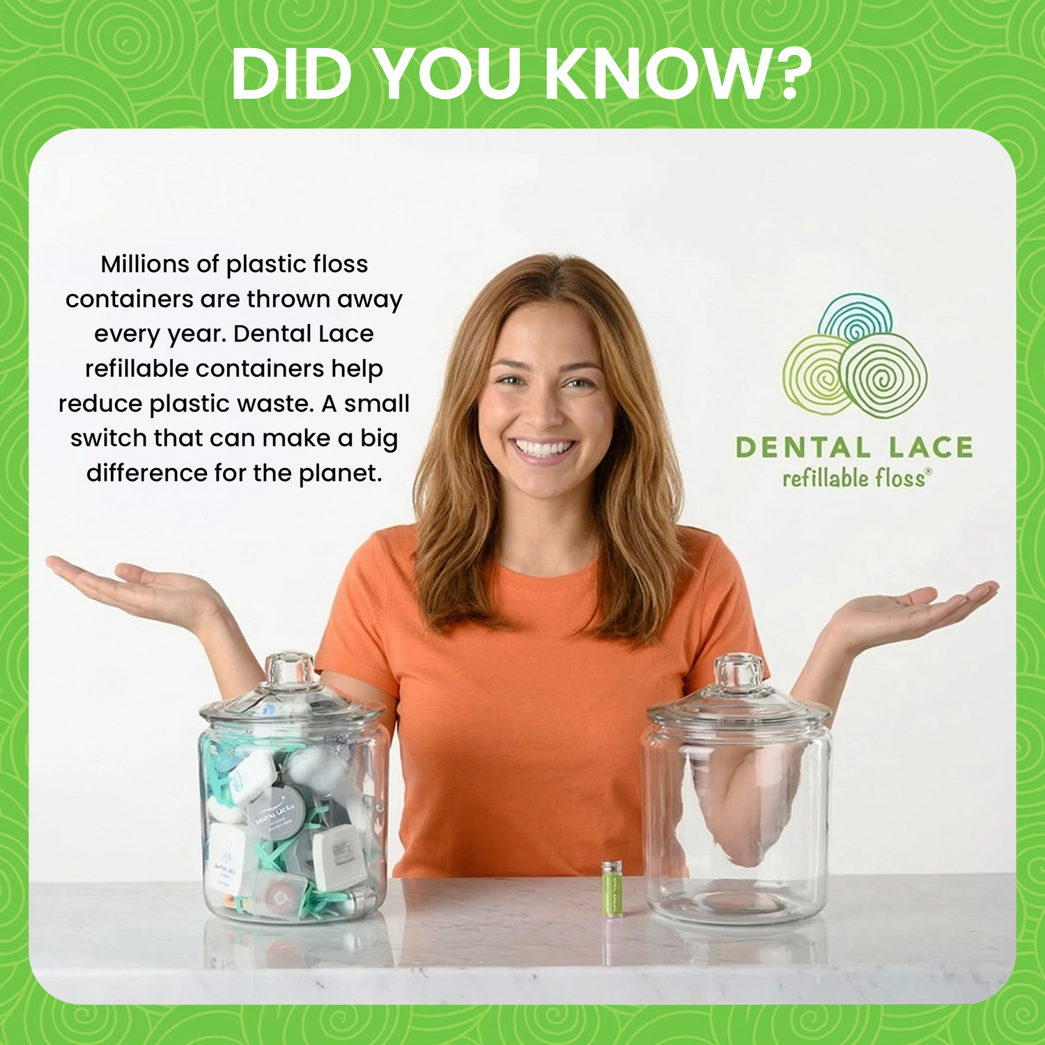 Woman holding two glass containers with Dental Lace refillable floss, promoting sustainability.