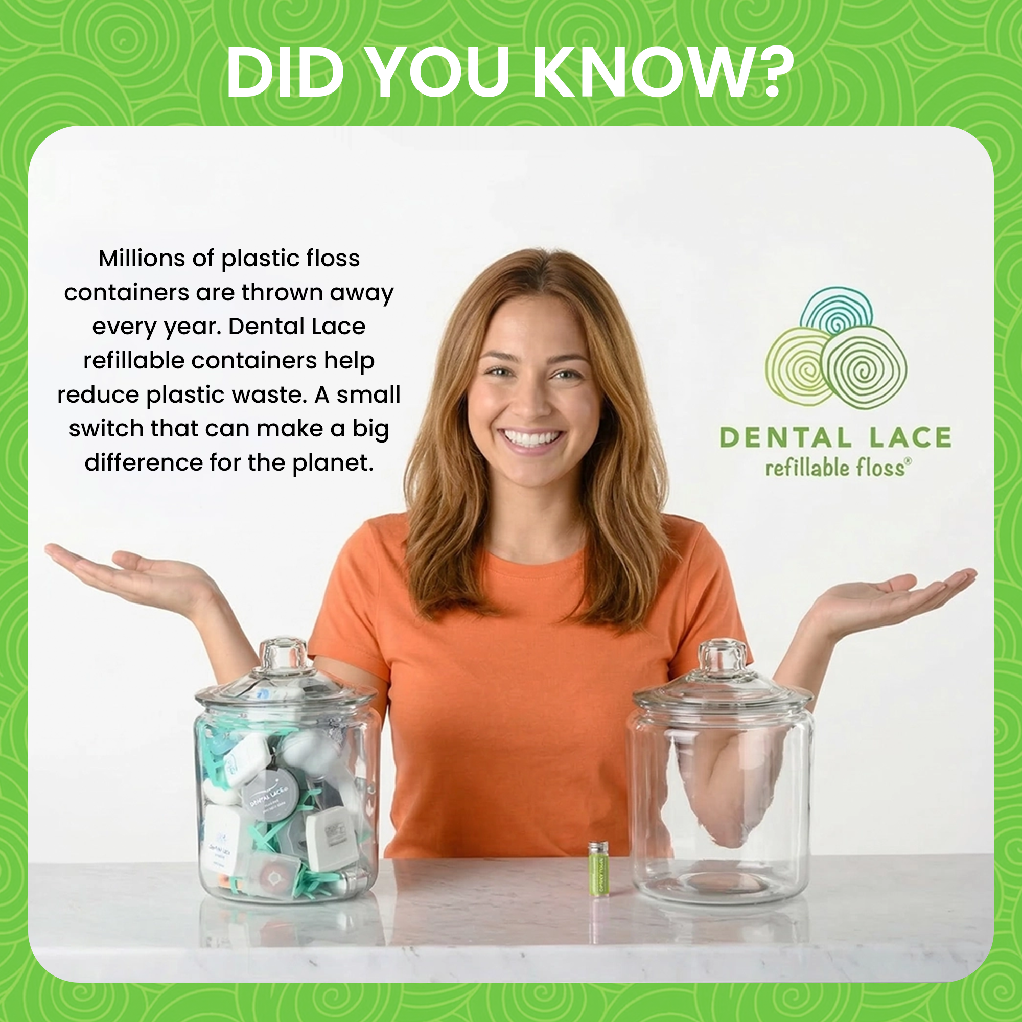 Woman holding two glass containers with Dental Lace refillable floss, promoting sustainability.