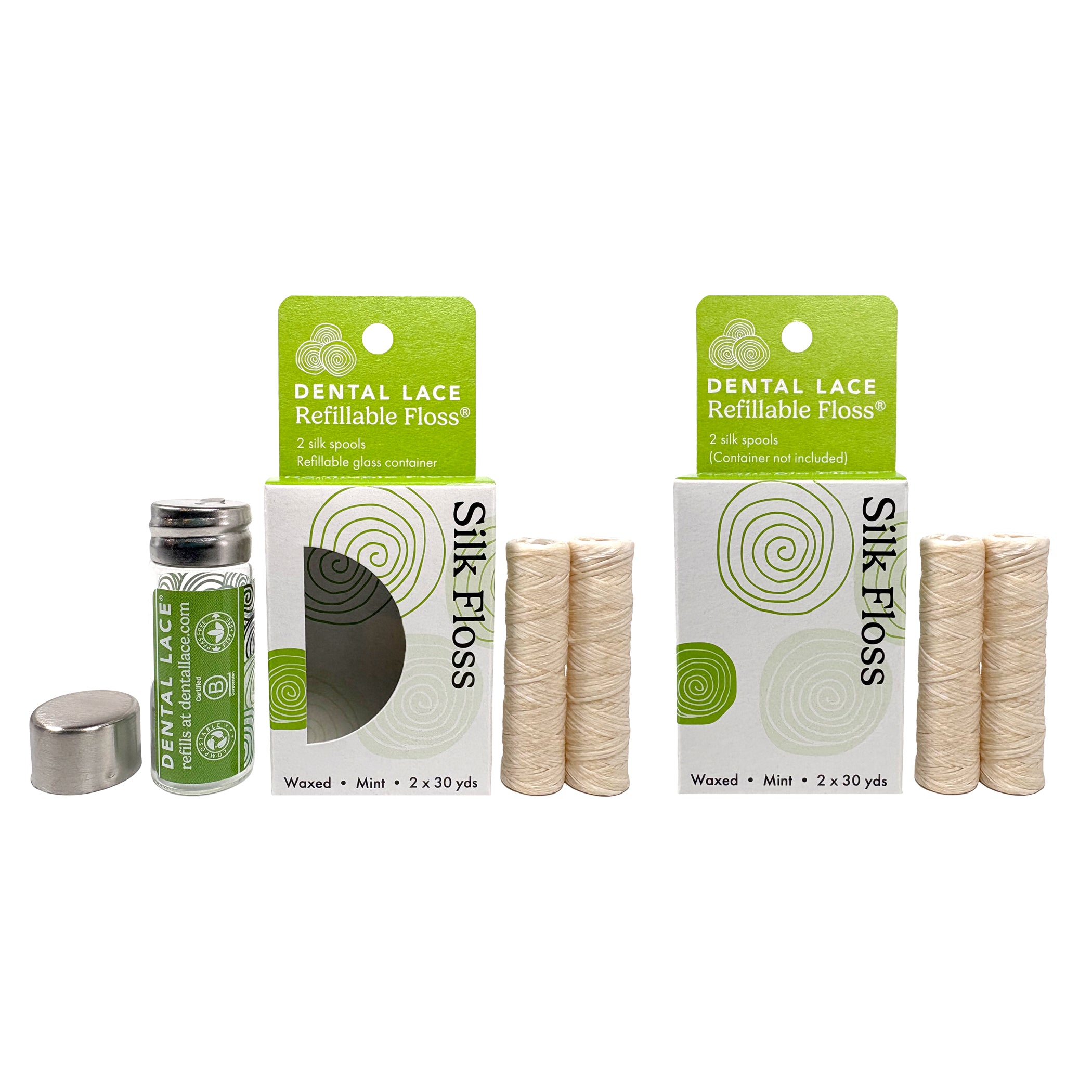 Dental Lace refillable floss boxes with a green labeled glass container and four silk floss refill spools. 